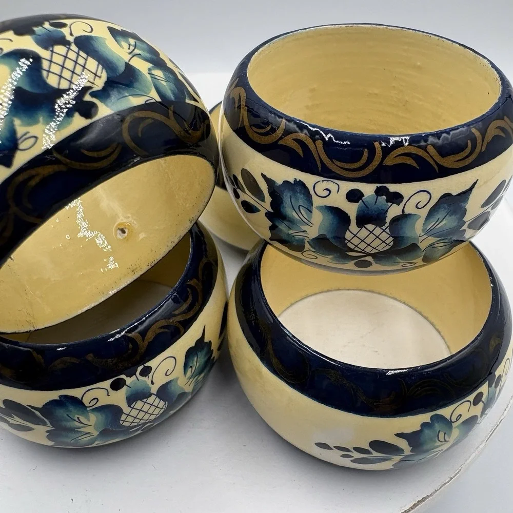 6 Hand Painted Wood Napkin Rings Vintage Blue Floral